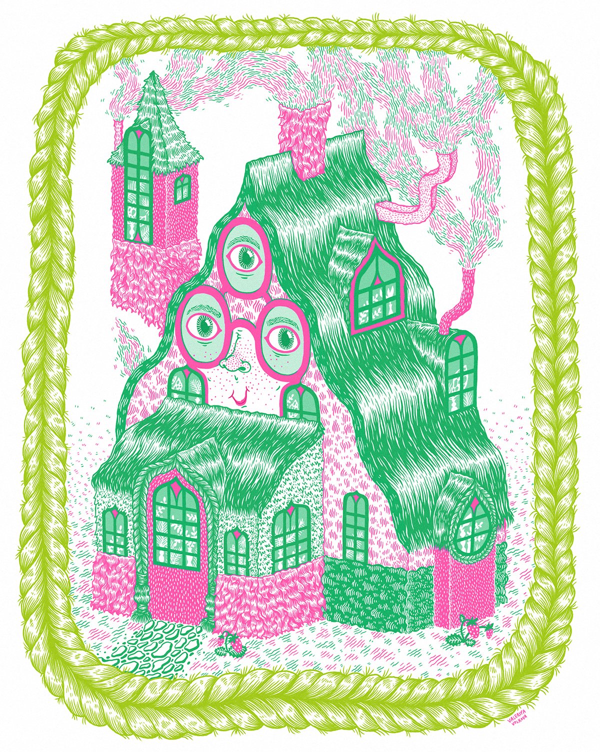Glasses House Print - Pink and Green