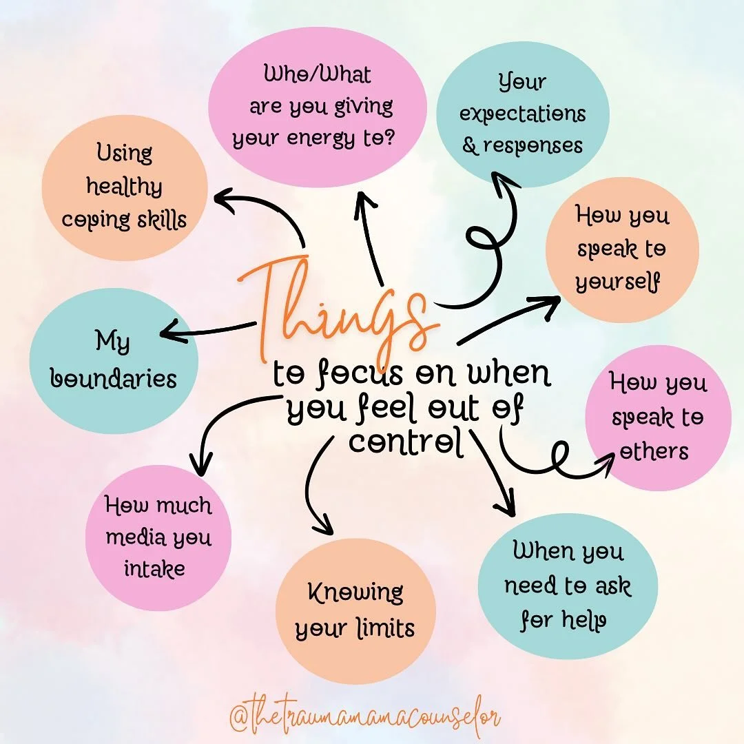 When you feel out of control, take a breath, and practice thinking through some of these aspects of self-care &amp; grace... 🌿🫶🏻

#counseling #traumamama #thetraumamamacounselor #counselor #trauma #crisis #traumacounselor #heal #healing #healingis