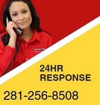 A woman in a red shirt holding a phone to her ear, with a yellow and white background that includes text saying "24HR RESPONSE" and a phone number 281-256-8508.