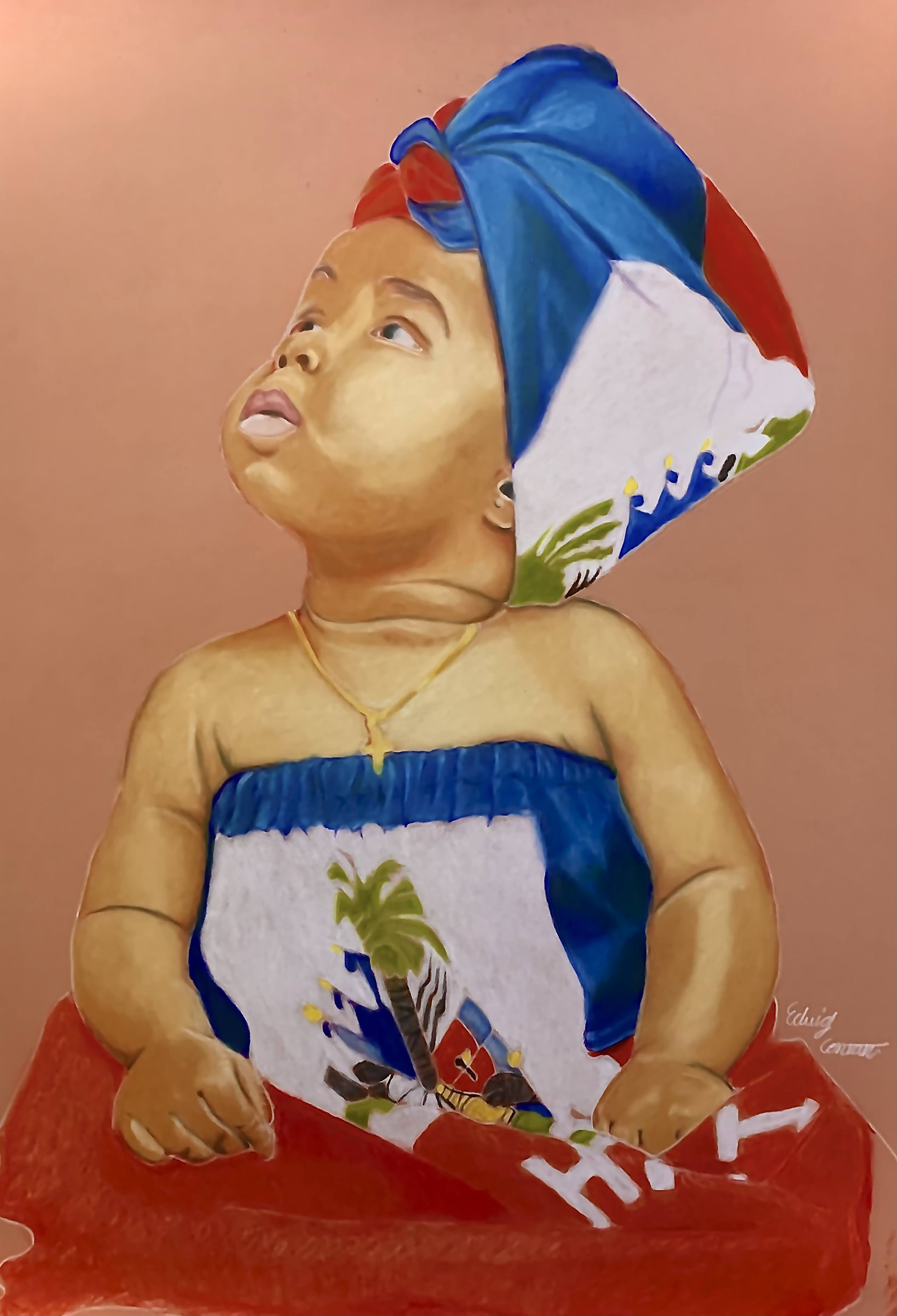 Painting of a young girl with a colorful headscarf, wearing a white dress with floral patterns, sitting on a red surface against a soft pink background.