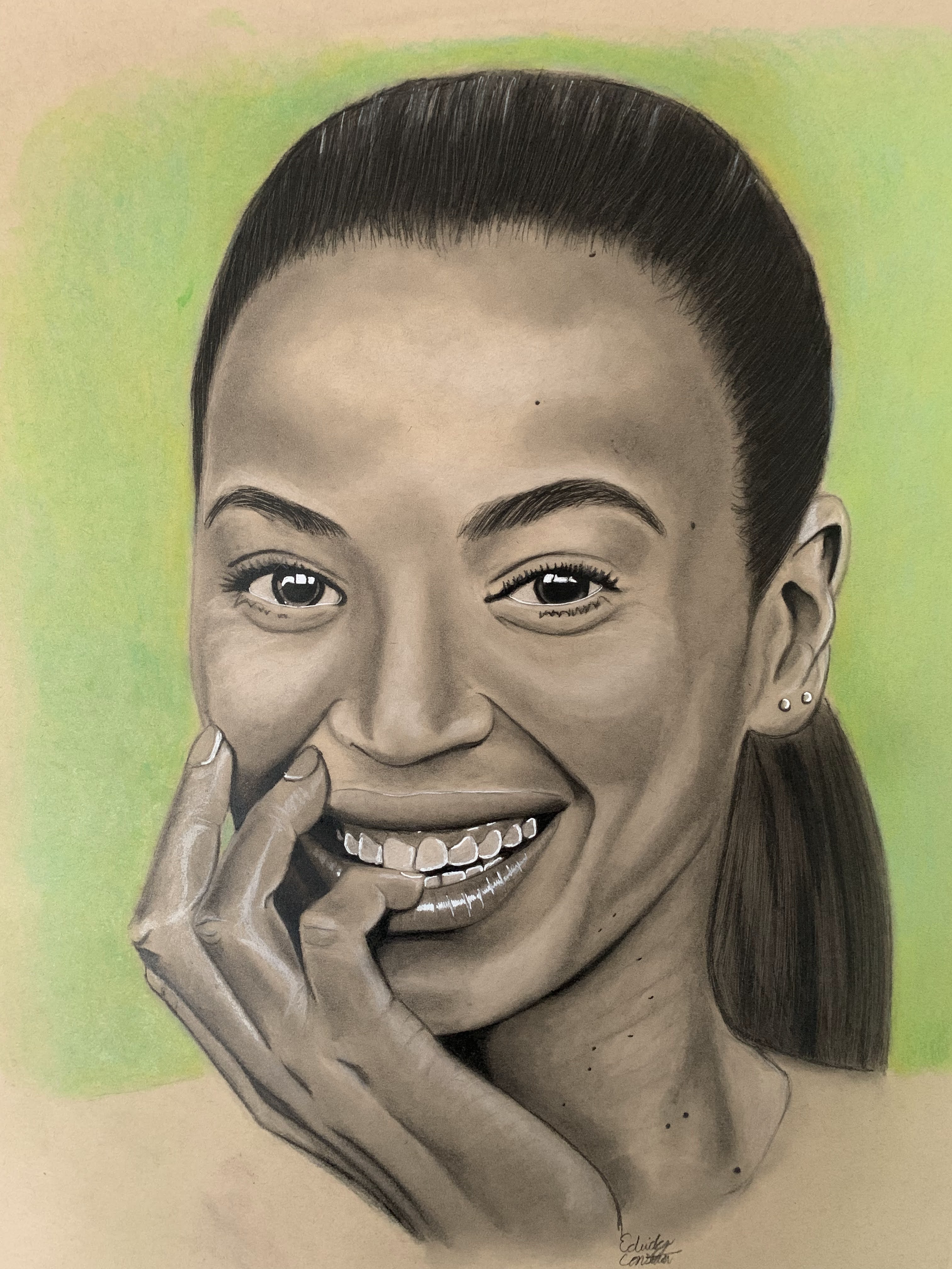 A detailed grayscale portrait of a smiling young woman with straight hair, earrings, and makeup, featuring a gaze directed at the viewer, set against a green background.