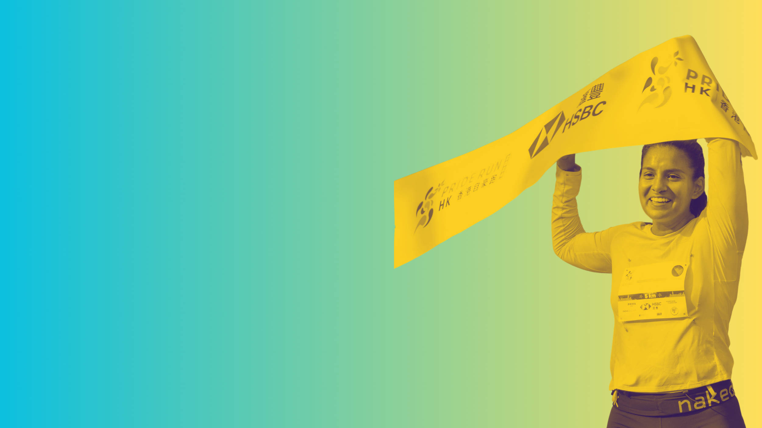 Female marathon runner holding a yellow finishing tape with brand logos after completing a race.