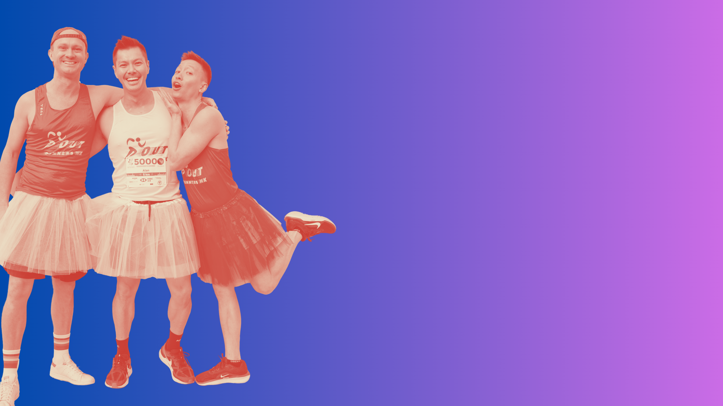 Three men dressed in athletic shirts and tutus, smiling and celebrating together on a vibrant gradient background.