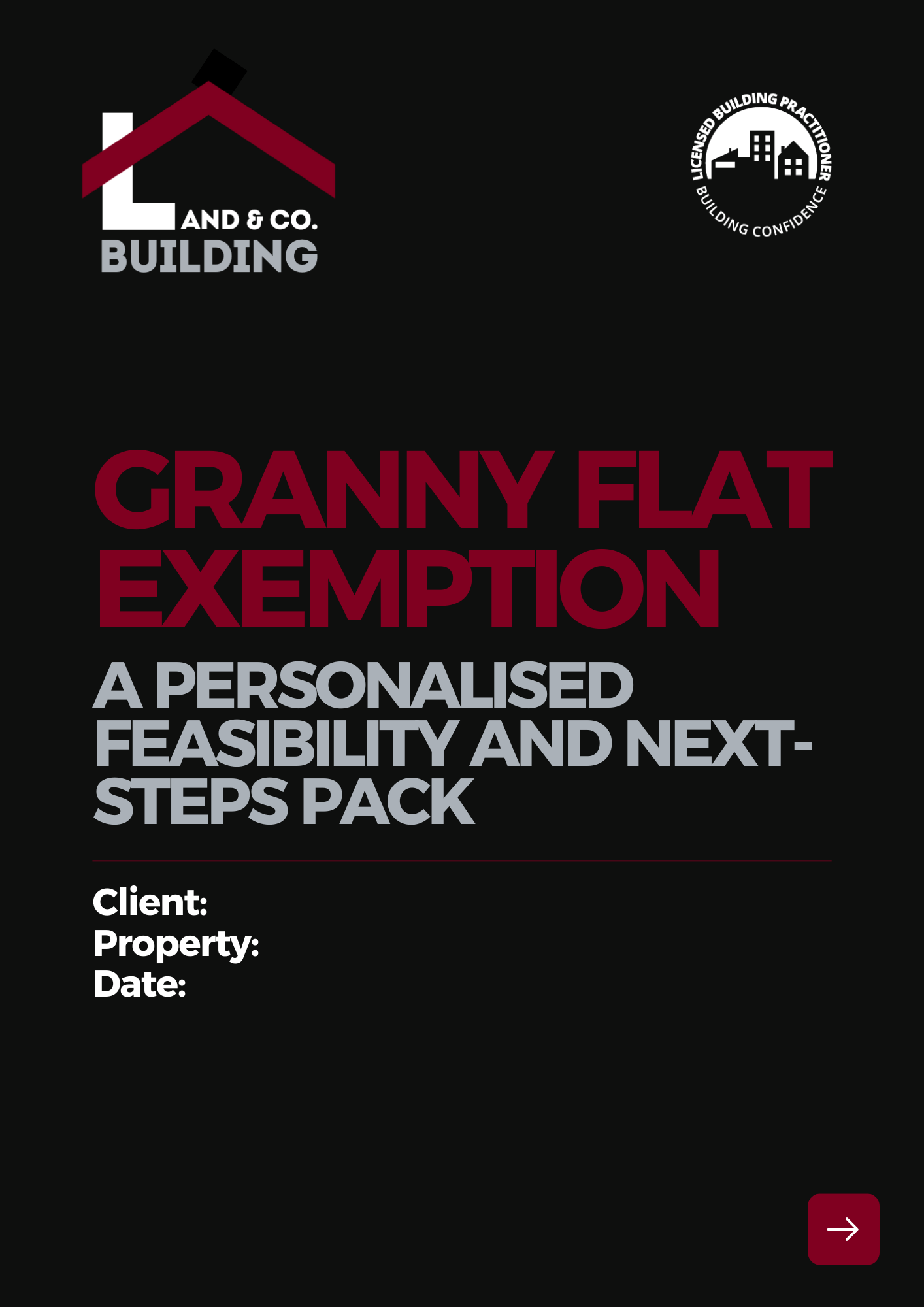 Cover page of a report titled "Granny Flat Exemption" with a logo of a red house and an icon indicating licensed building practitioners, and spaces for client, property, and date details.