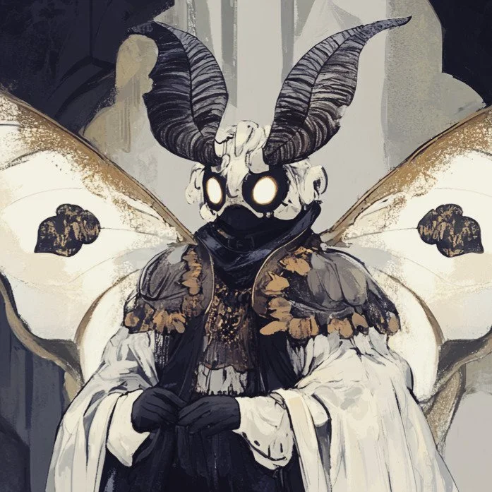 A picture of a humoid bee in white and black robes., They have bronze deailing on their wings and shoulders and are black bodied with a white face