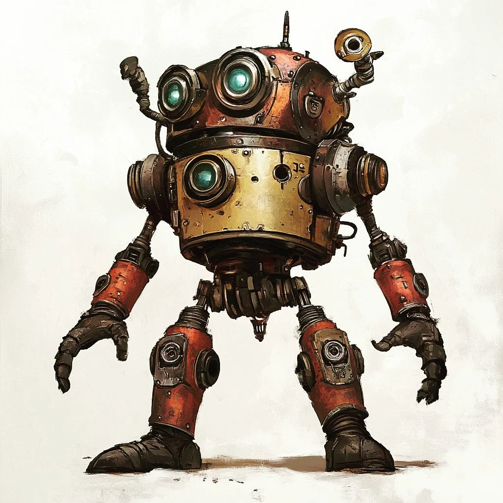A small humoid robot with a red ghead, golden body and red arms and legs