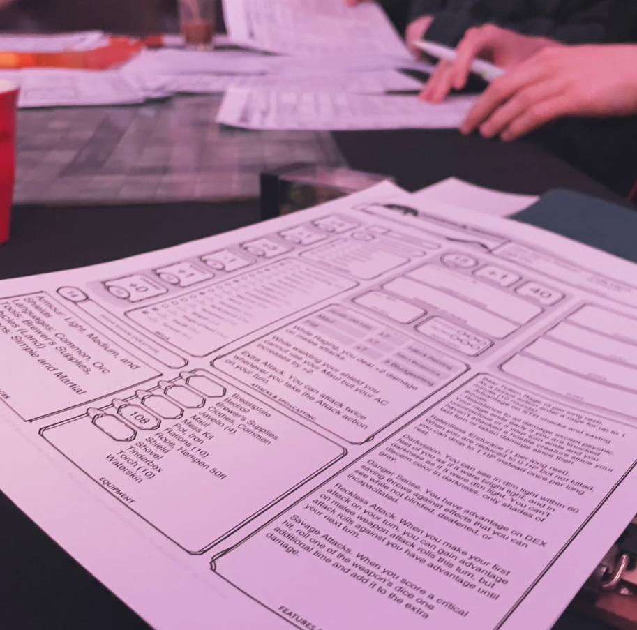 A table with a white peice of paper at a forty five degree angle used to create dnd characters