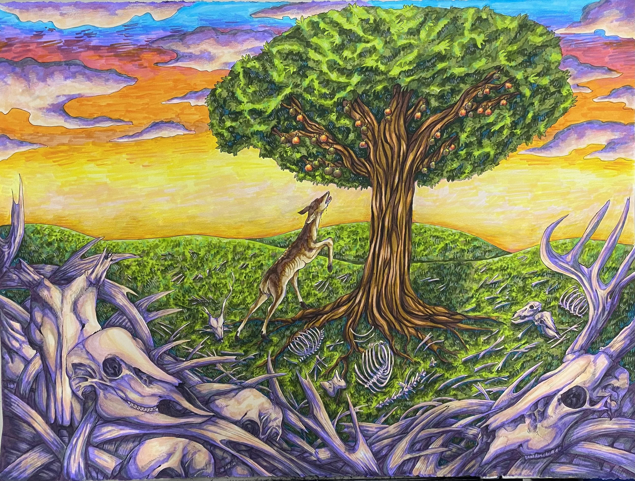 A vibrant painting depicting a prehistoric landscape with a large green tree bearing fruit, a howling wolf, and skeletons of extinct animals including mammoths and other prehistoric creatures, against a colorful sunset sky.