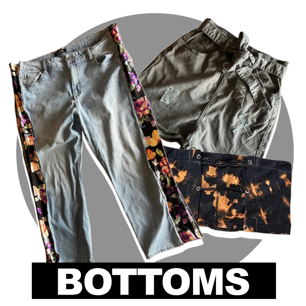 Three pairs of jeans, two with patches or tie-dye and one with floral patterns, laid out on a surface; the word "BOTTOMS" is written at the bottom of the image.