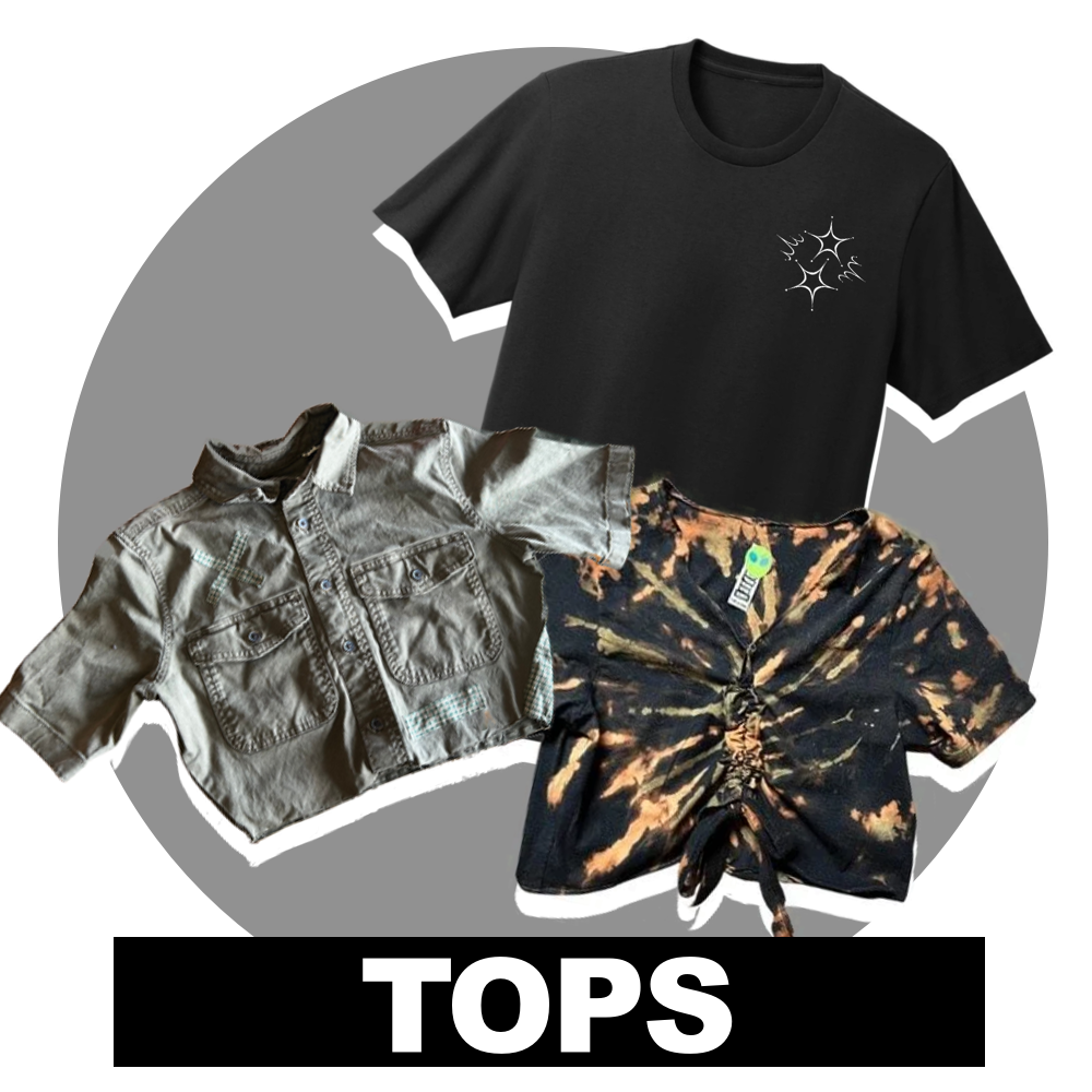A collection of three tops including a black graphic T-shirt, a gray button-up shirt, and a tie-dye crop top, placed on a gray background with the word "TOPS" at the bottom.