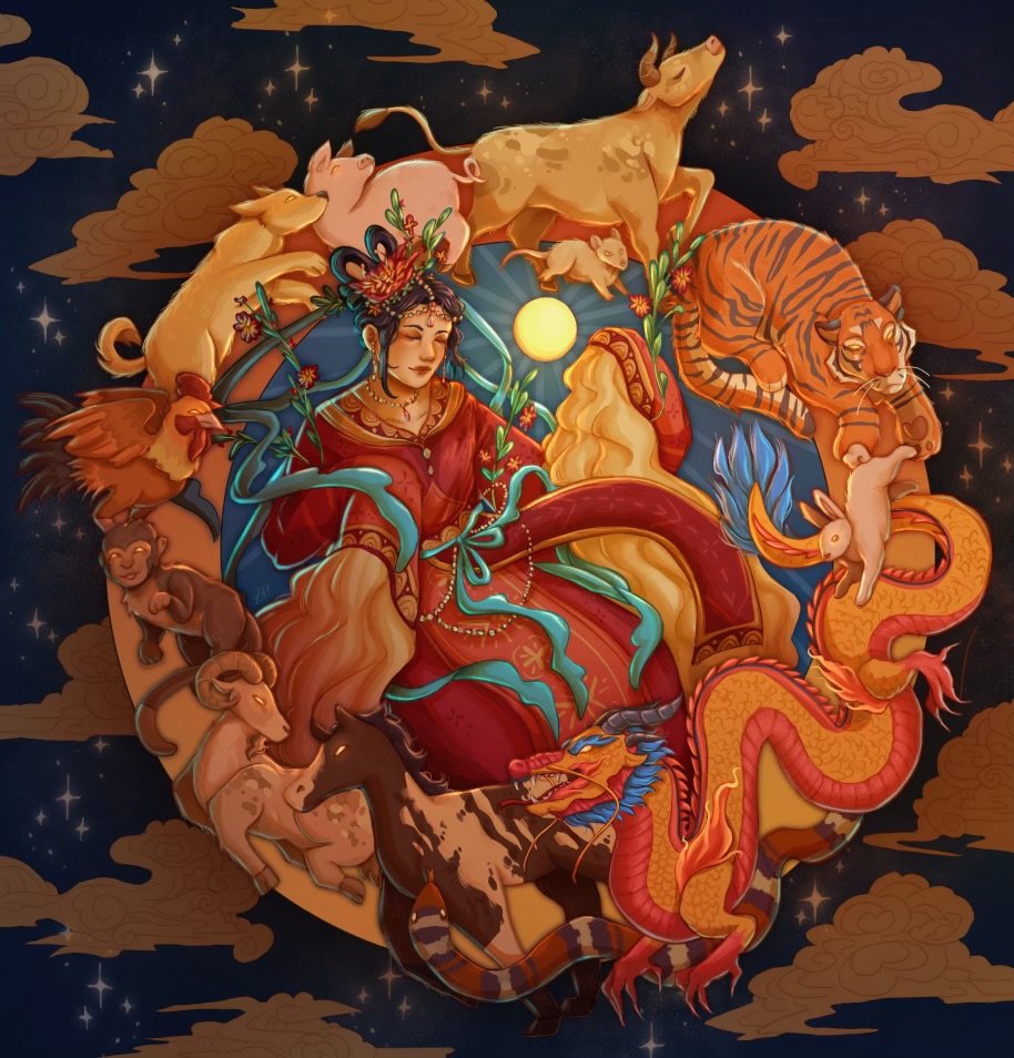 A colorful illustration of the Chinese zodiac with a woman at the center surrounded by twelve animals: rat, ox, tiger, rabbit, dragon, snake, horse, goat, monkey, rooster, dog, and pig, set against a starry night sky with clouds and a glowing moon.