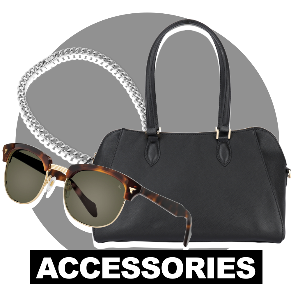Black handbag, tortoiseshell sunglasses, and silver chain accessory against a gray background with the word 'ACCESSORIES' in bold white letters at the bottom.
