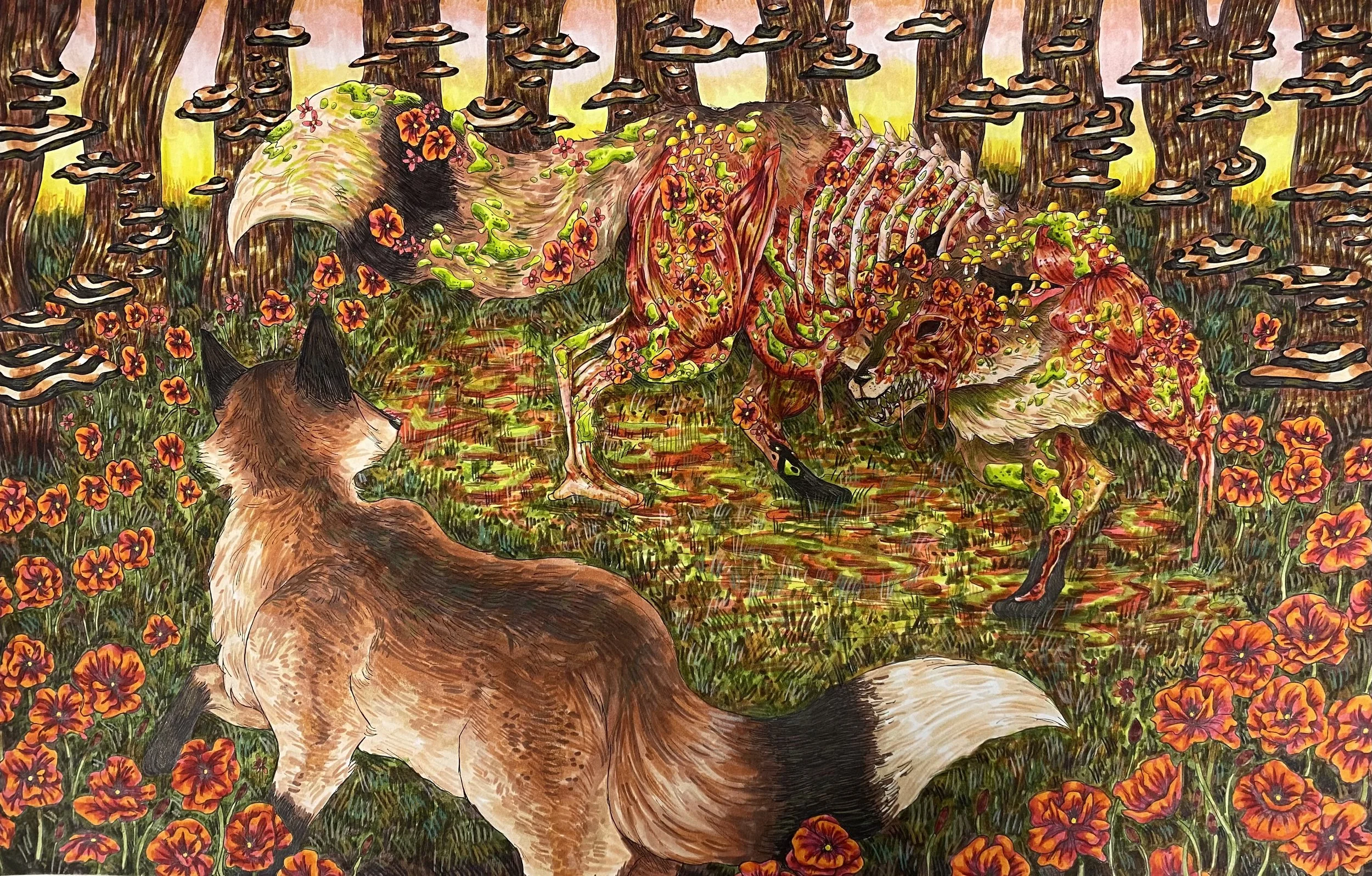 A dog and a dinosaur skeleton covered in flowers and grass in a forest with many mushrooms.