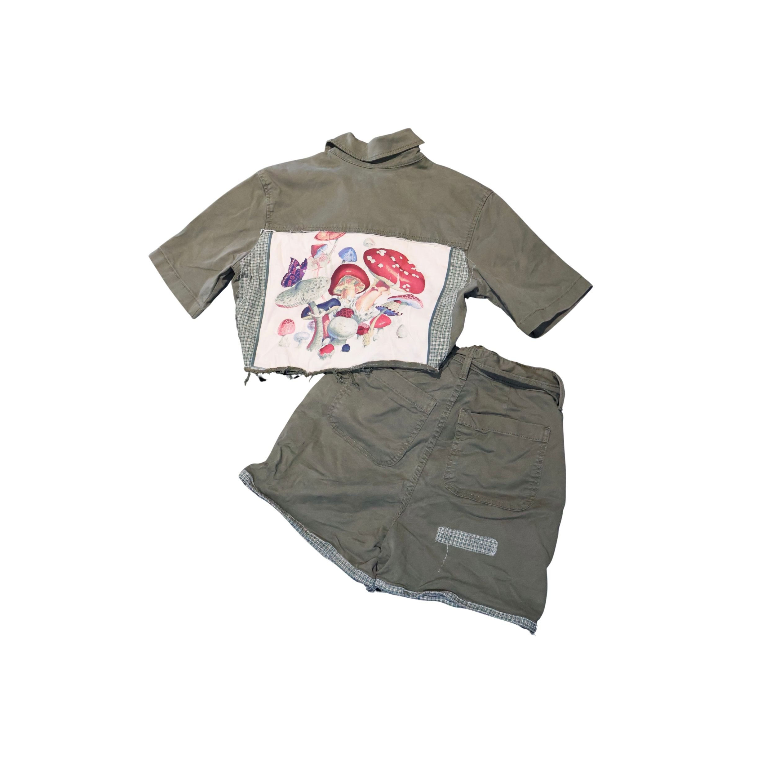 Upcycled Mushroom Matching Set Cropped Shirt + Shorts