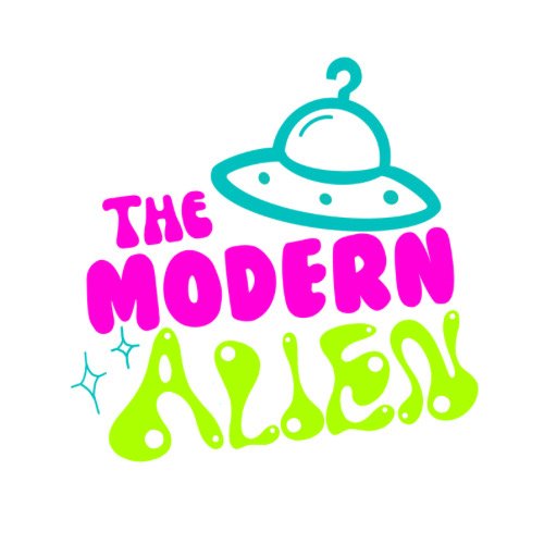Colorful logo with a UFO and the text 'The Modern Alien' in bright pink, green, and teal.
