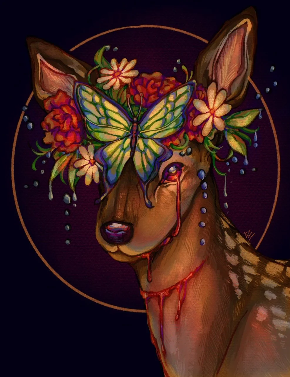 A stylized artwork of a deer with colorful flowers around its ears, a butterfly on its face, and blood dripping from its mouth and neck, all set against a dark background with a circular outline.
