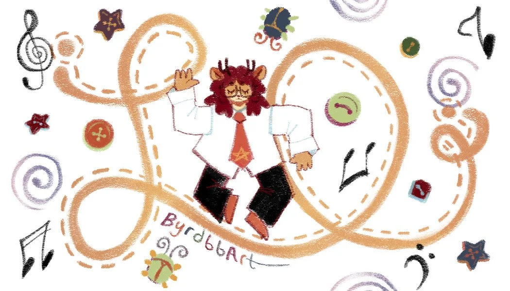 Cartoon illustration of a lion person wearing glasses, a white shirt, and a red tie, standing in the center and waving with a background of colorful swirls, stars, musical notes, and game icons.