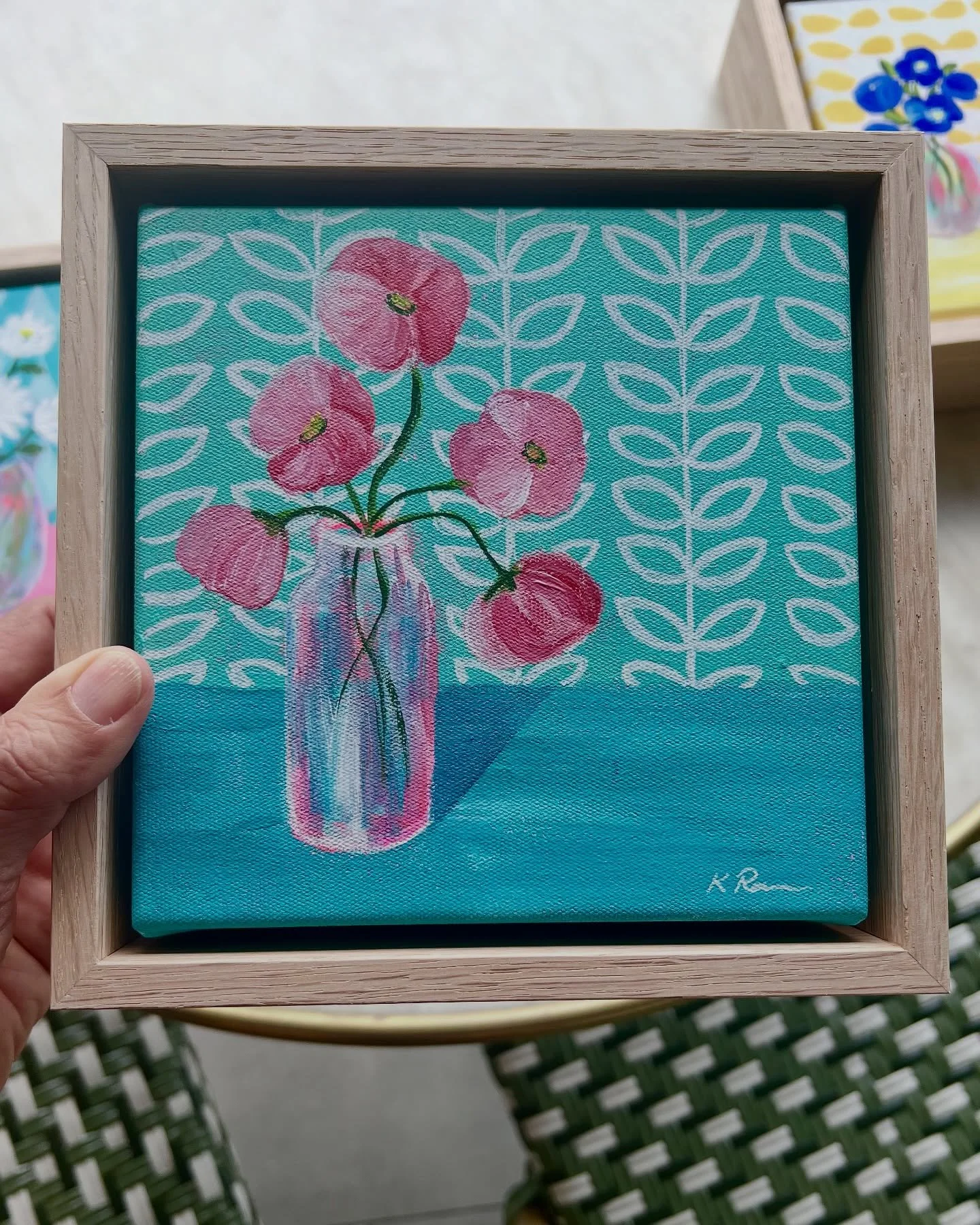 Three little artworks, painted with love 💚🩷🩵
Available now @giftsatteacup Teeny Tinies exhibition 
18cm x 18cm