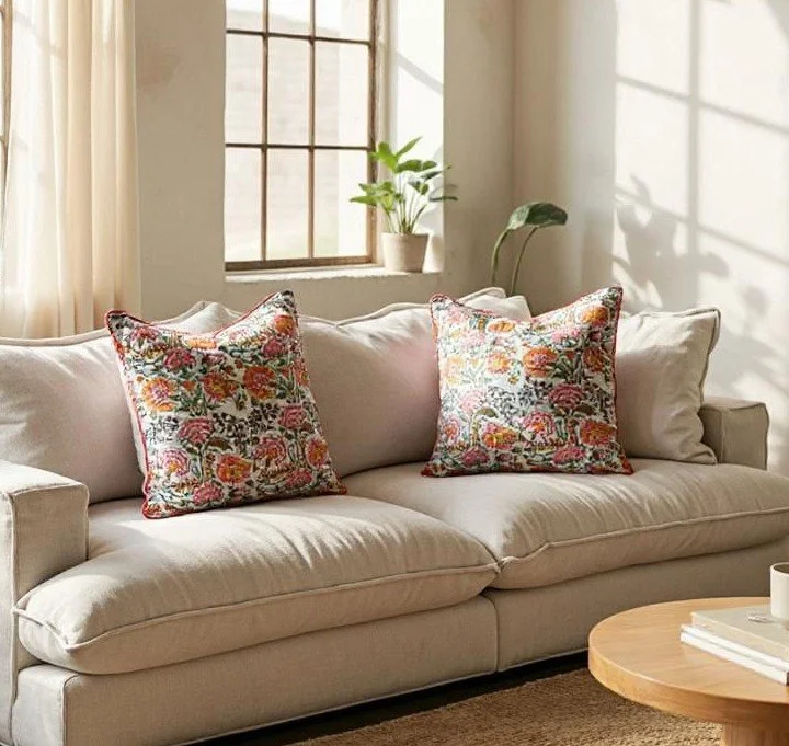 Fan Flower White Piping Cushion - Handmaids Global Collection