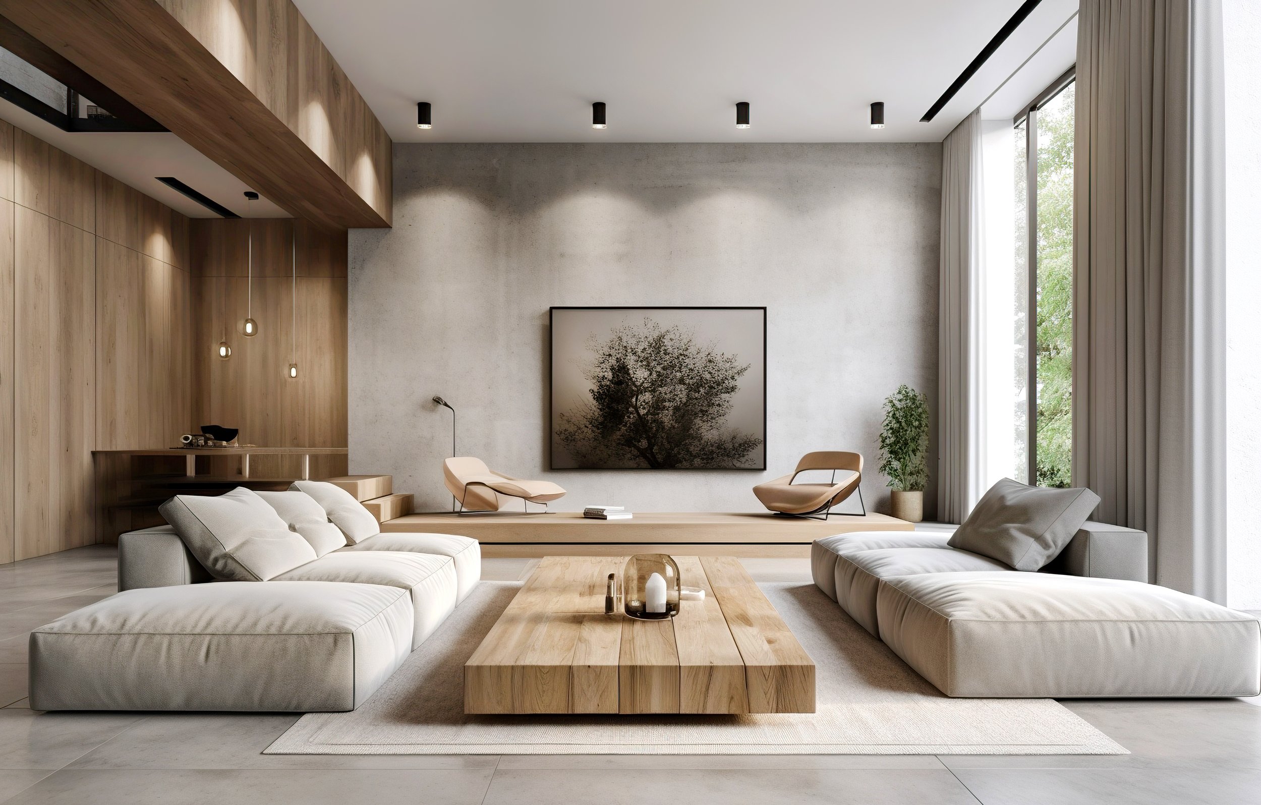 Modern minimalist living room with beige sofas, wooden coffee table, neutral artwork, large window with curtains, and indoor plants.