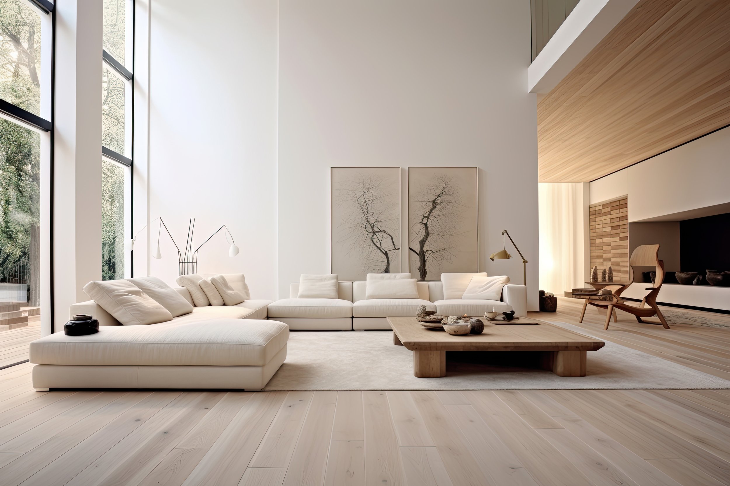 Modern minimalist living room with large windows, white sectional sofa, wooden coffee table, and abstract tree artwork on wall.