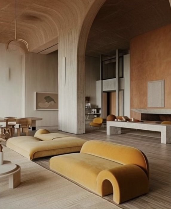 Modern interior with mustard yellow sofas, archway, dining table, and minimalist decor.