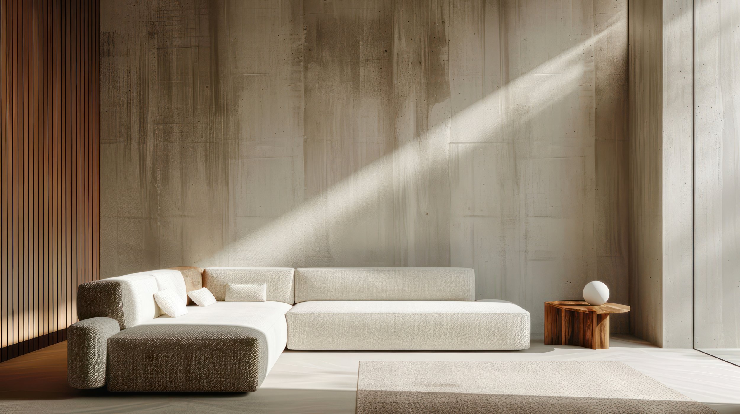 Minimalist living room with modern sofa, wooden side table, and concrete walls