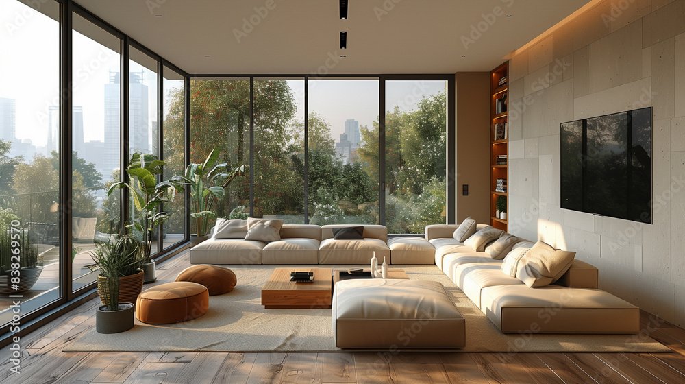 Modern living room with large windows, light-colored sectional sofa, potted plants, wooden table, and cityscape view.