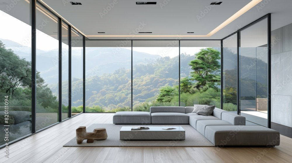 Modern living room with large windows overlooking a mountain landscape, featuring a sectional sofa and a coffee table on a wooden floor.
