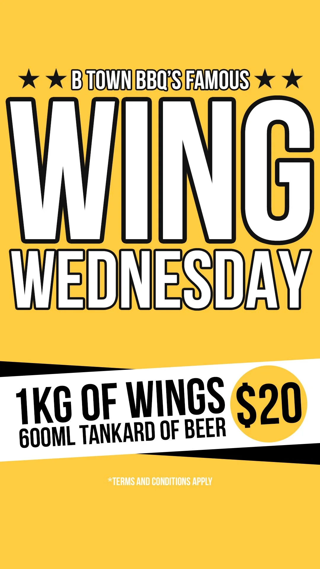 WEDNESDAY -$20  1KG Wings + 600mL Tankard of Beer