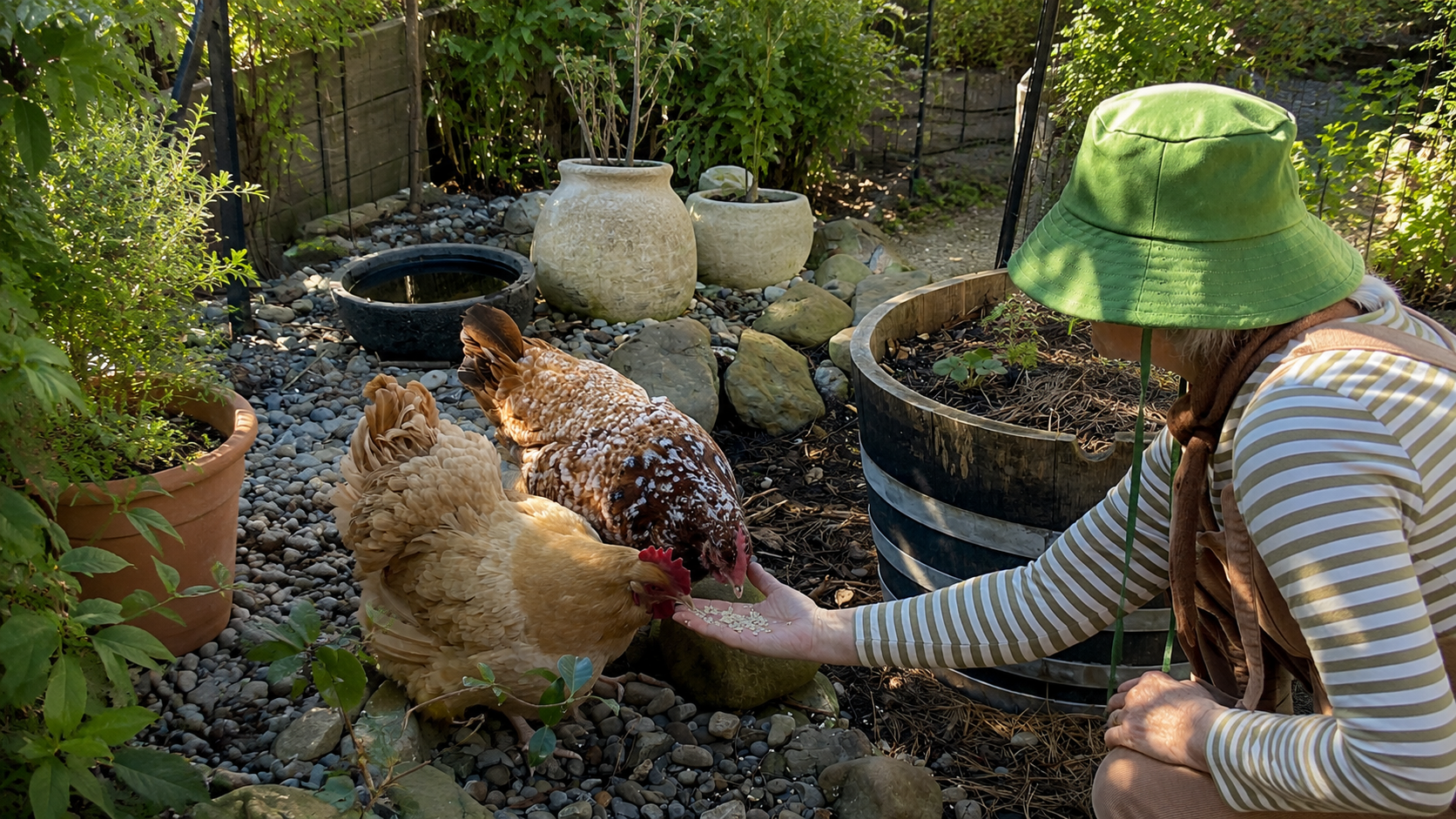 Davina feeding chickens in the Seed to Sea garden