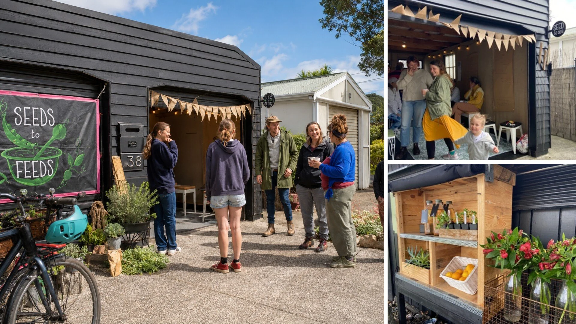 Neighbours gathering outside the Seed to Sea workshop space