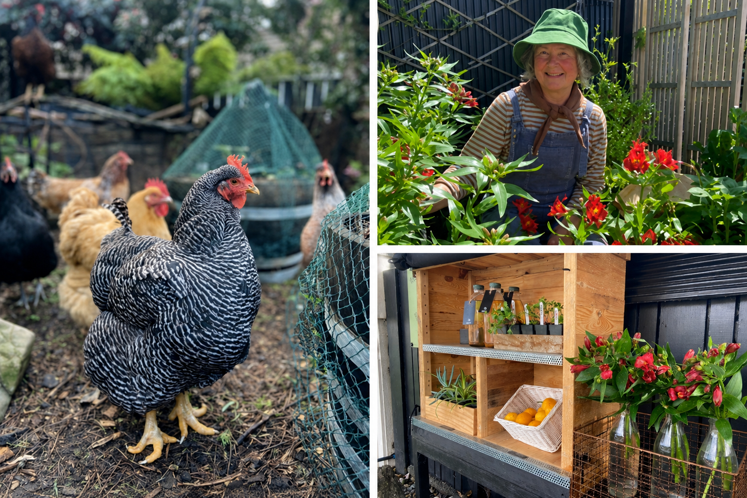 Montage of hens, Davina in the Seed to Sea garden and the Sharing Stall at 38 The Parade.