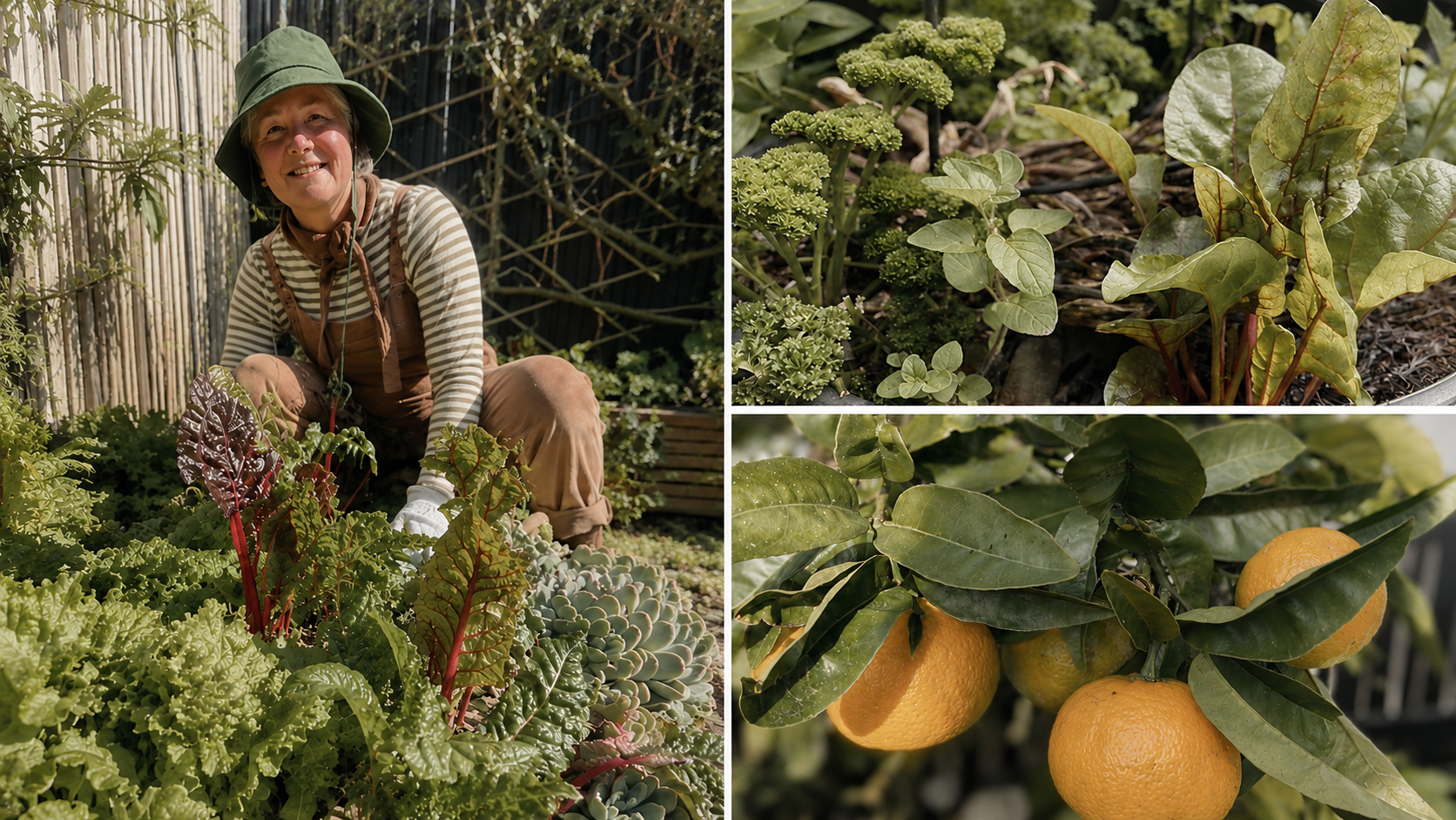 Montage of Davina tending vegetables, flowering herbs and oranges growing at Seed to Sea in Island Bay.