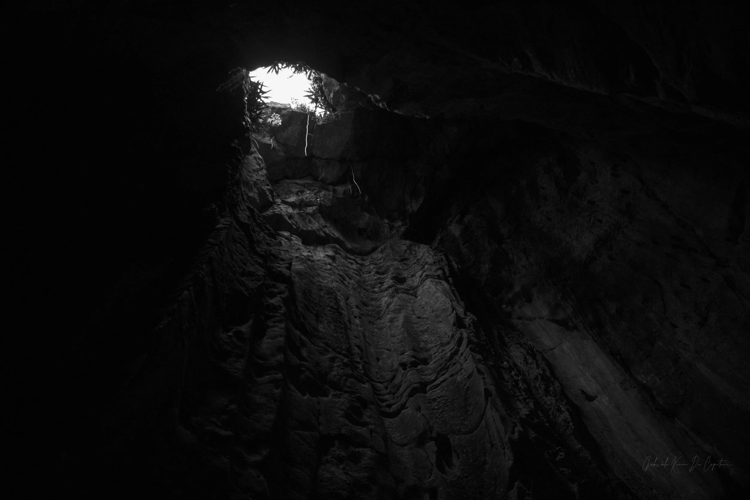 Dark cave interior with a small opening at the top letting in light, showing rocks and vegetation outside.