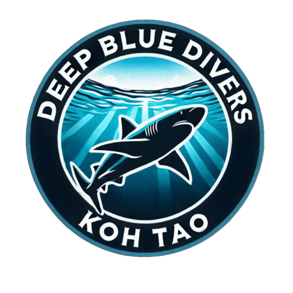 A circular logo for Deep Blue Diver's Koh Tao featuring a shark swimming underwater with rays of sunlight, surrounded by the text 'DEEP BLUE DIVERS' at the top and 'KOH TAO' at the bottom.