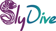 Sly Dive logo with stylized purple and teal text and a playful font featuring an eel.