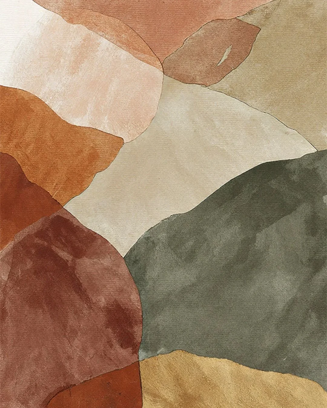Abstract watercolor painting with overlapping shapes in shades of pink, orange, green, beige, and yellow.
