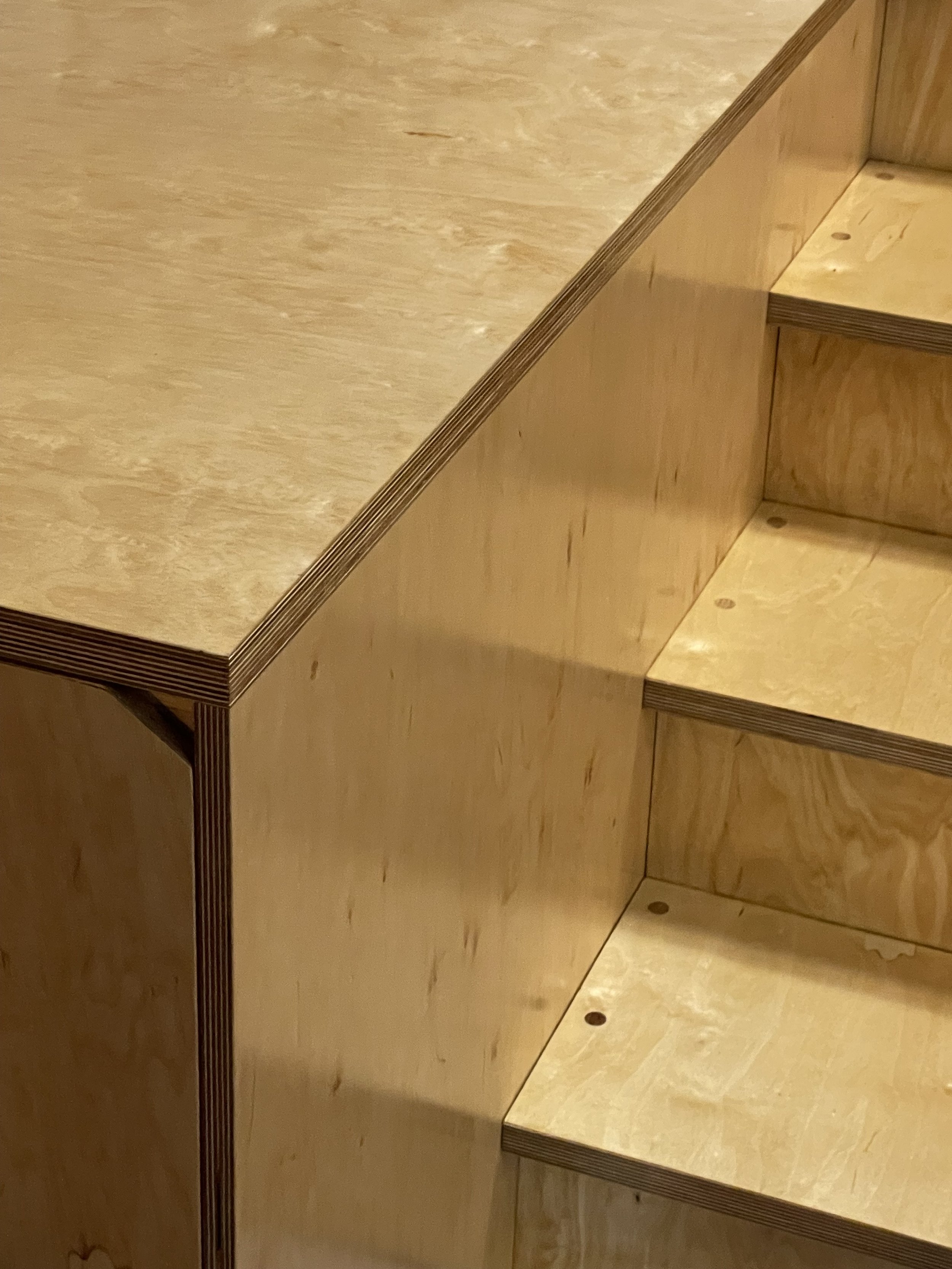 Holztreppe mit sichtbaren Schrauben auf der ersten Stufe.