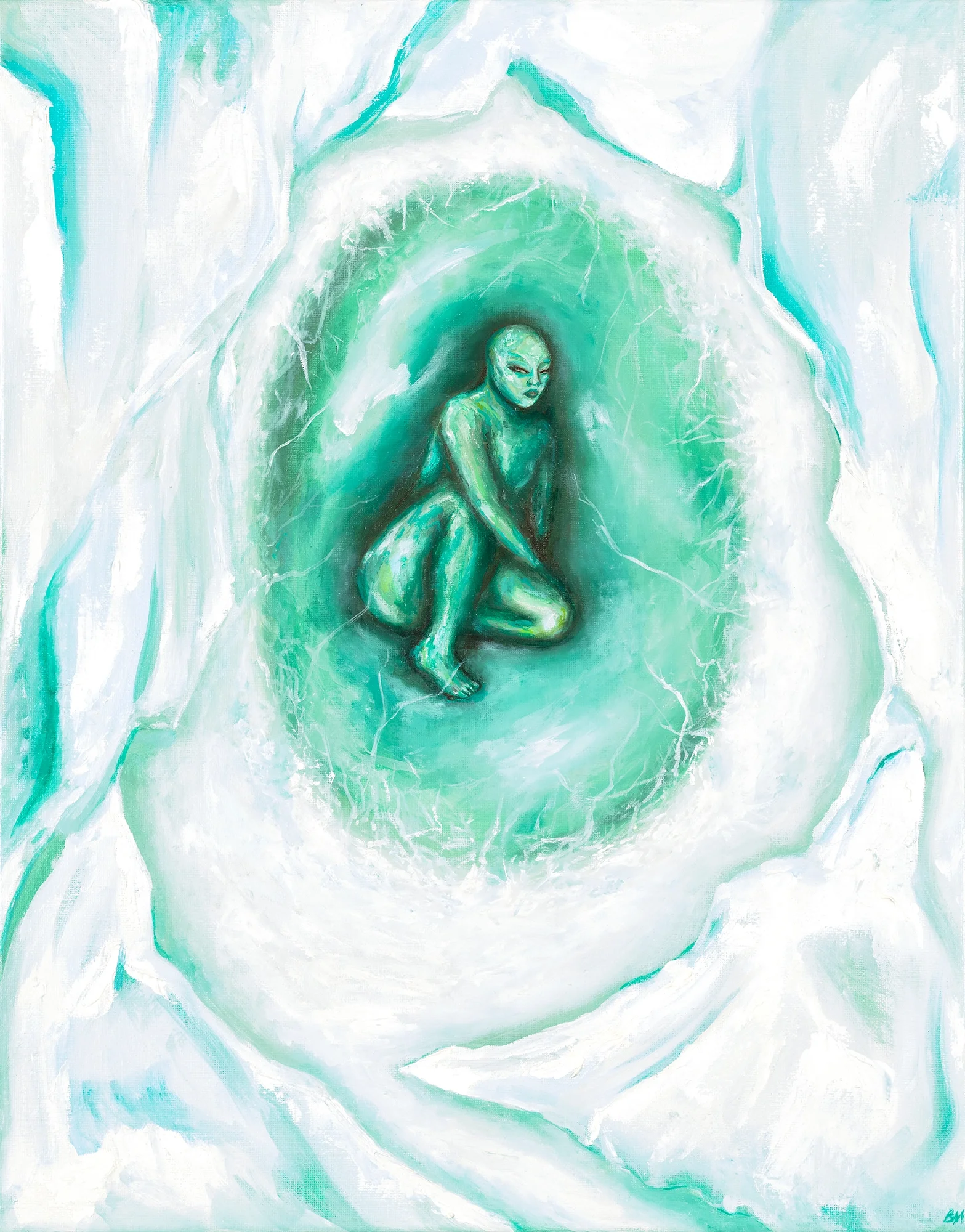 A painting of an alien creature with a human-like face and greenish skin, crouching inside a swirling, icy, tunnel-like environment with shades of blue, white, and green.