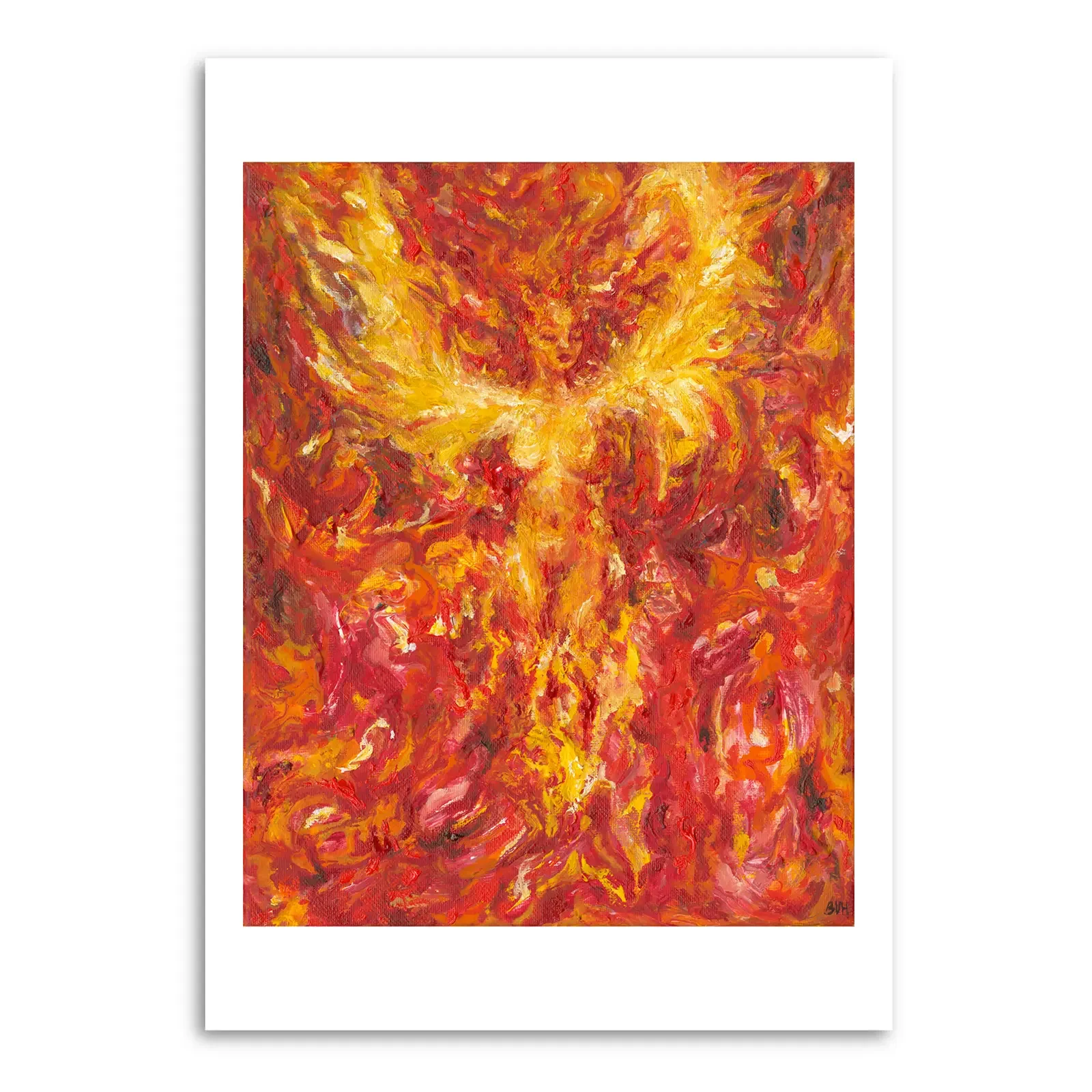 Abstract expressionist painting with vibrant swirls of red, orange, yellow, and hints of purple, resembling fire or an explosion.