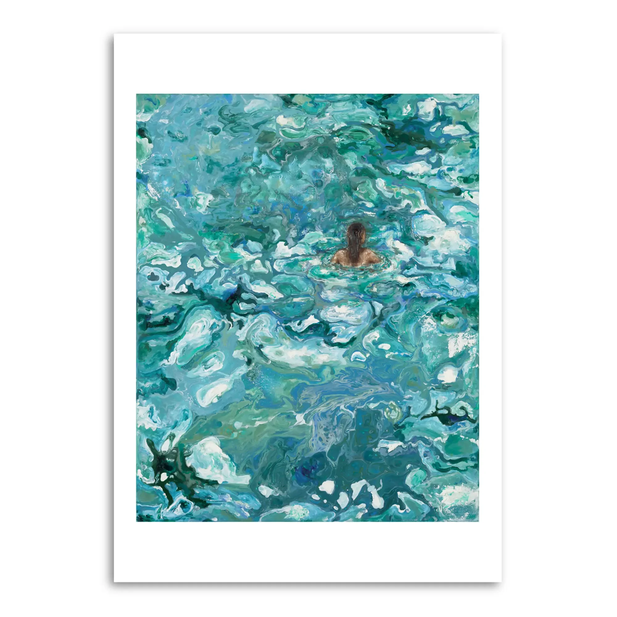 Abstract painting with swirling shades of blue, green, white, and black, resembling water or ocean waves.