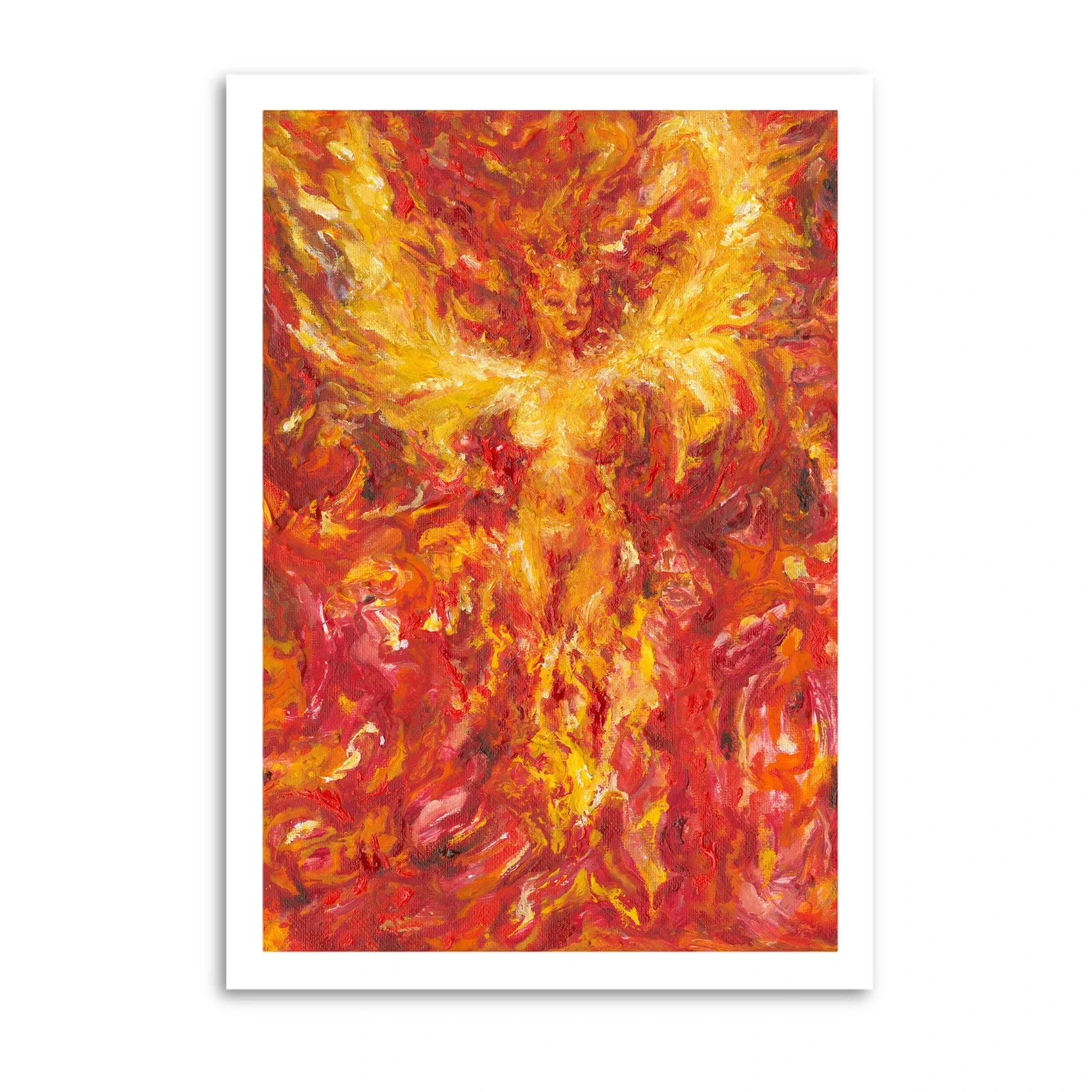 Abstract painting with bright flames in red, orange, yellow, and hints of purple, depicting a fiery, intense scene.