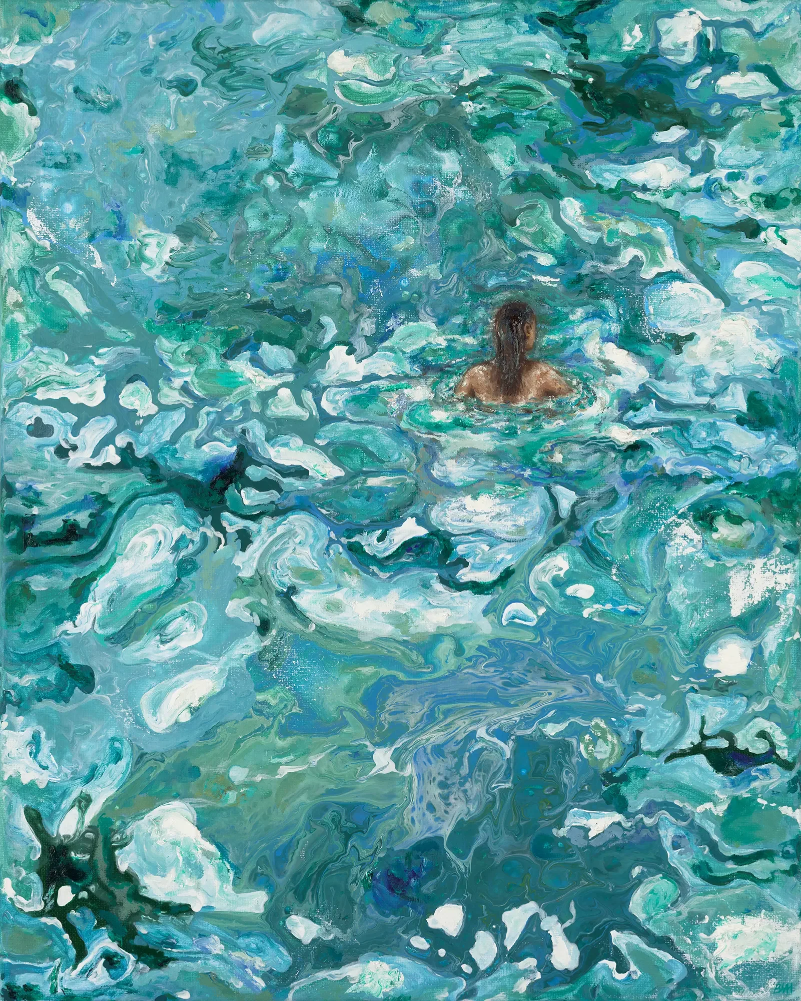 Abstract painting of a person swimming in water with swirling shades of blue, green, and white.