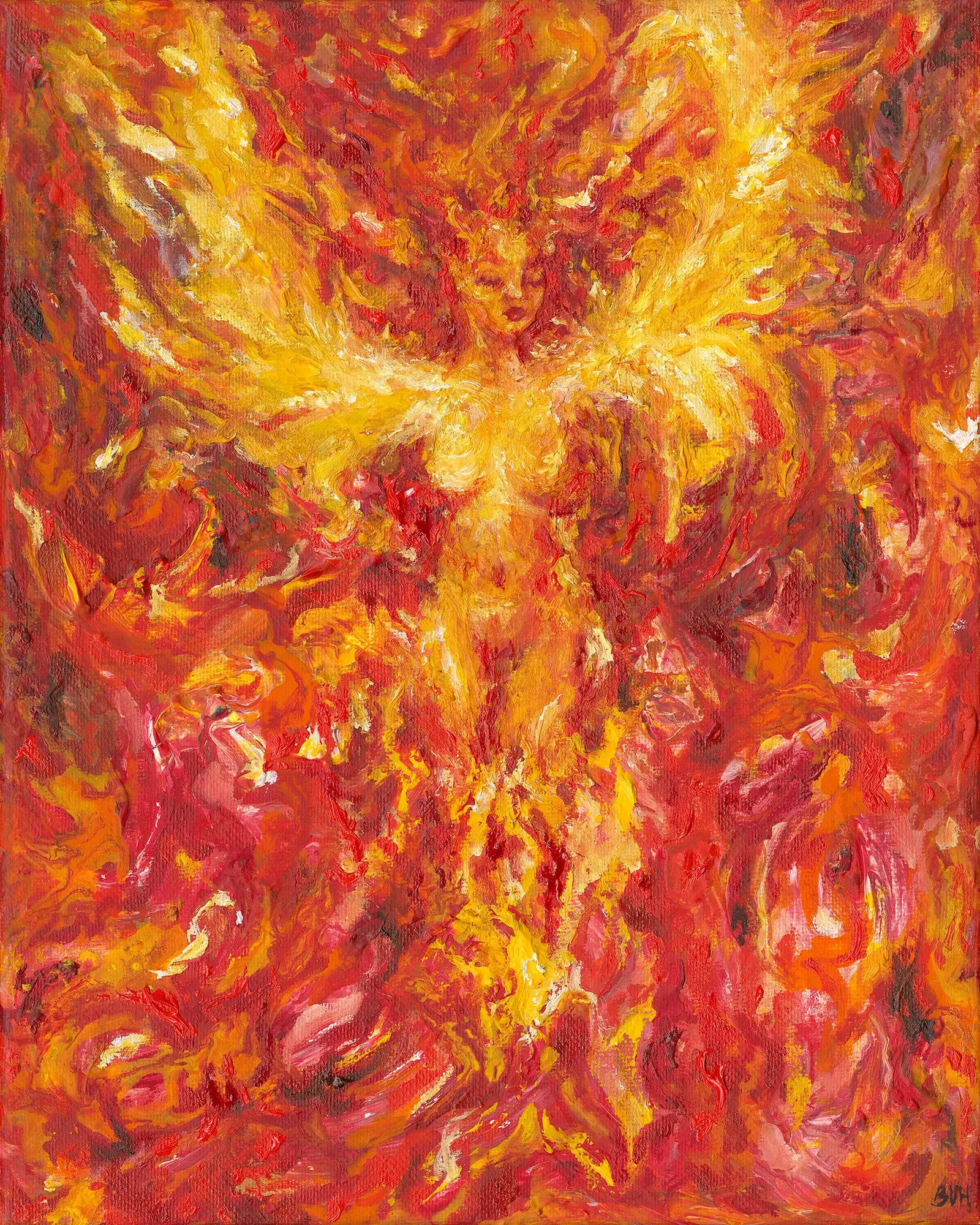 Abstract painting of a phoenix woman with fiery red, orange, yellow, and white swirling brushstrokes, creating a bright, energetic composition.