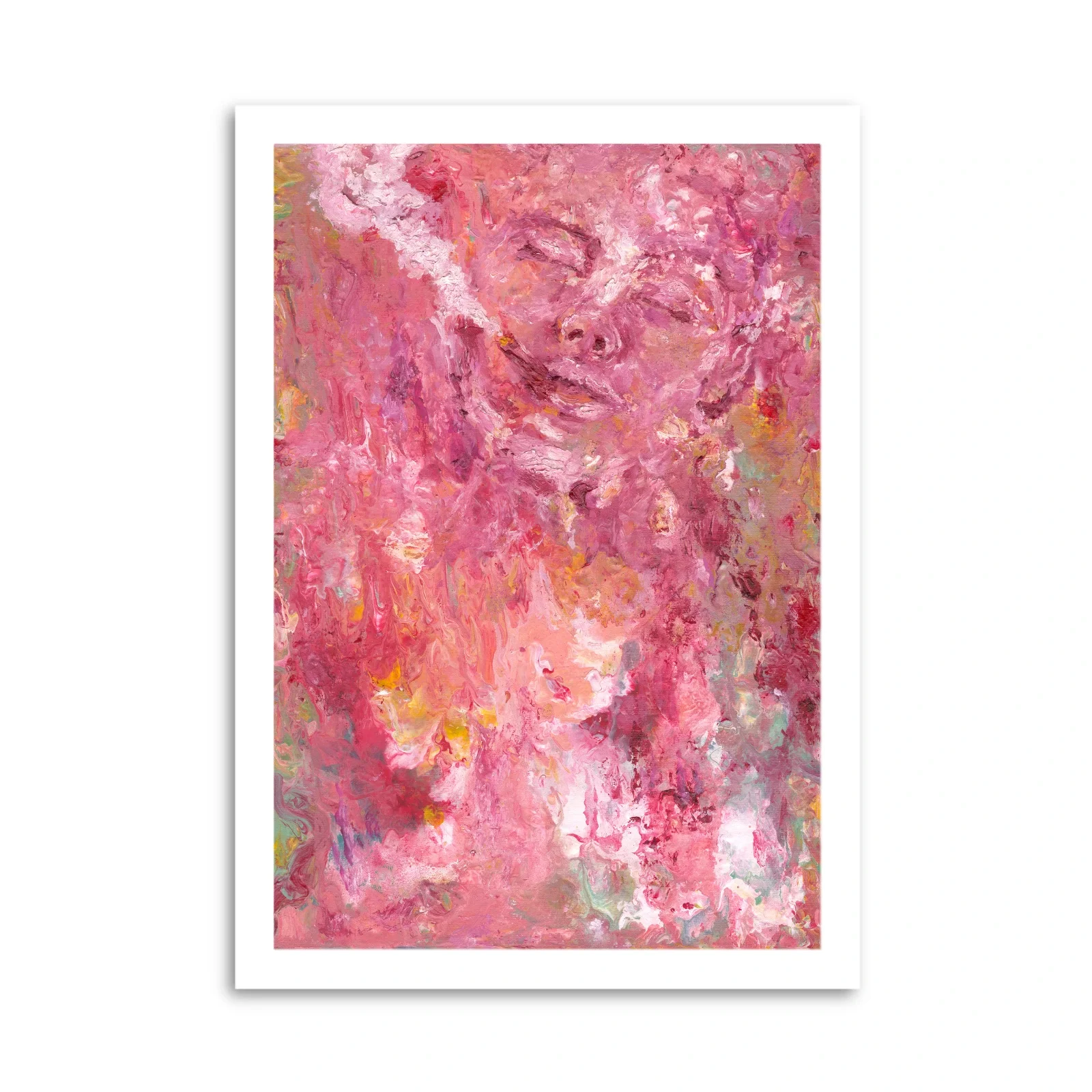 An abstract painting with swirling pink, red, and yellow hues, resembling a woman's face.