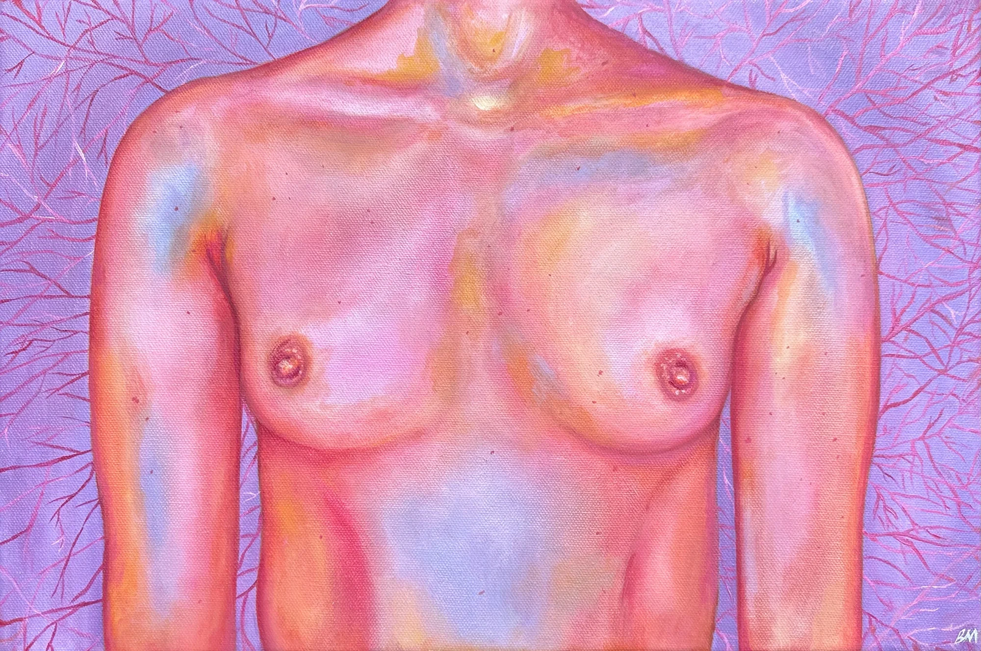 Watercolor painting of a partially nude woman from the neck to the hips, with pink, yellow, and purple hues, set against a purple background with pink vine-like patterns.