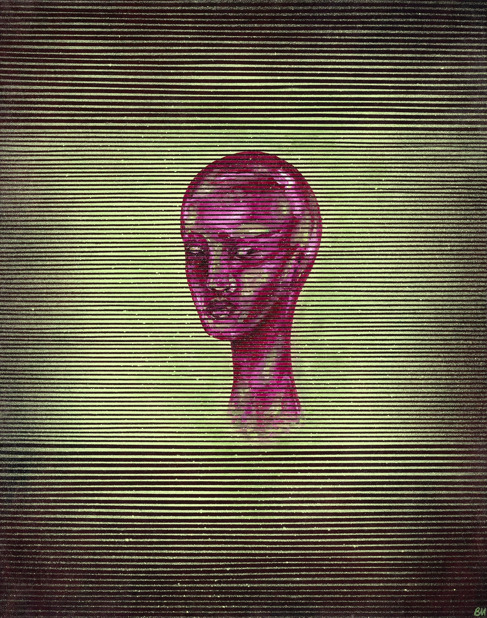 A digitally manipulated image of a human head in pinkish-purple hues, with horizontal lines over it, creating a distorted effect, set against a background of horizontal black and yellow stripes.