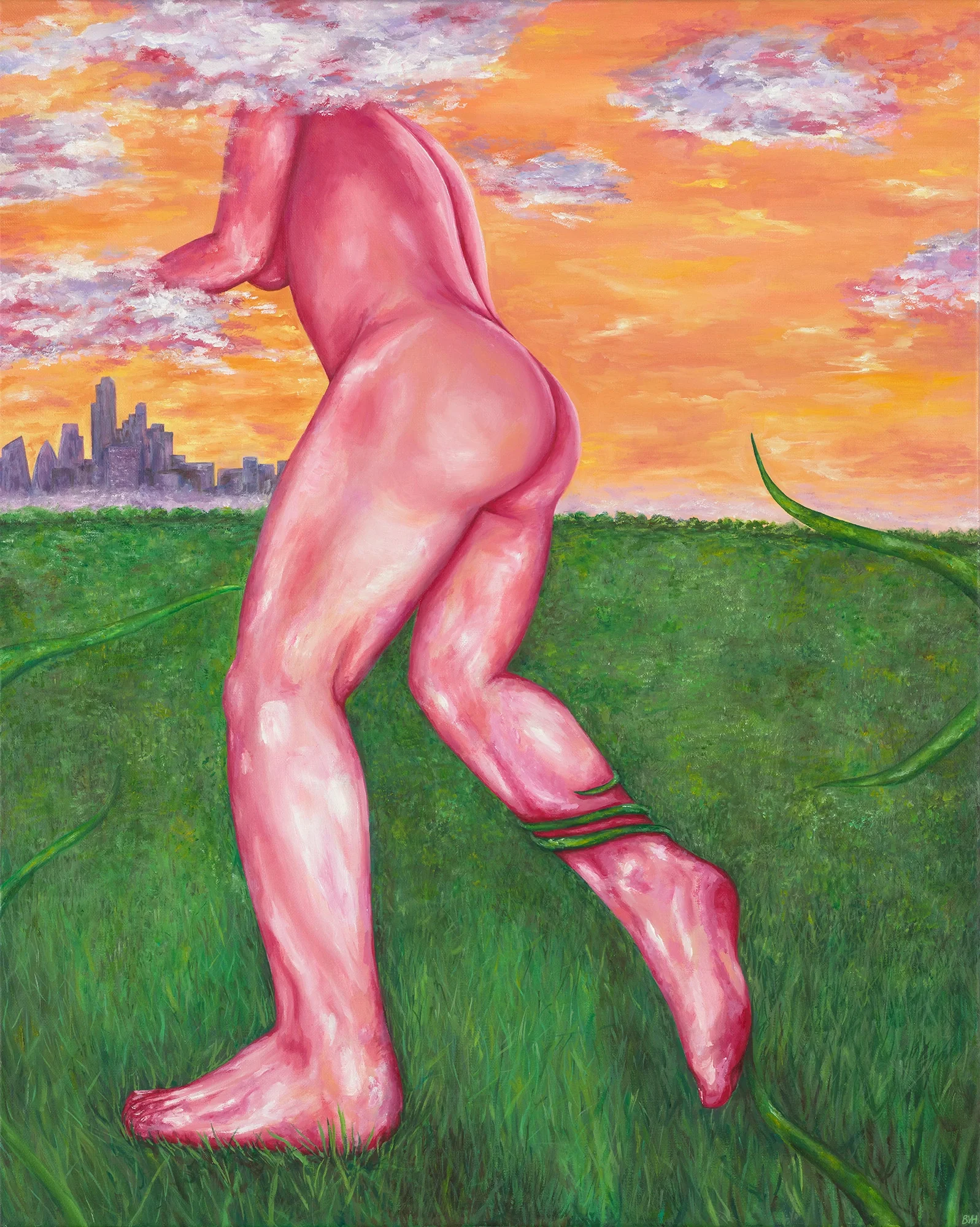 A surreal painting of large pink human legs and feet with green vines wrapping around them, set against a background of a city skyline, vibrant orange sunset sky, and clouds on a grassy field.