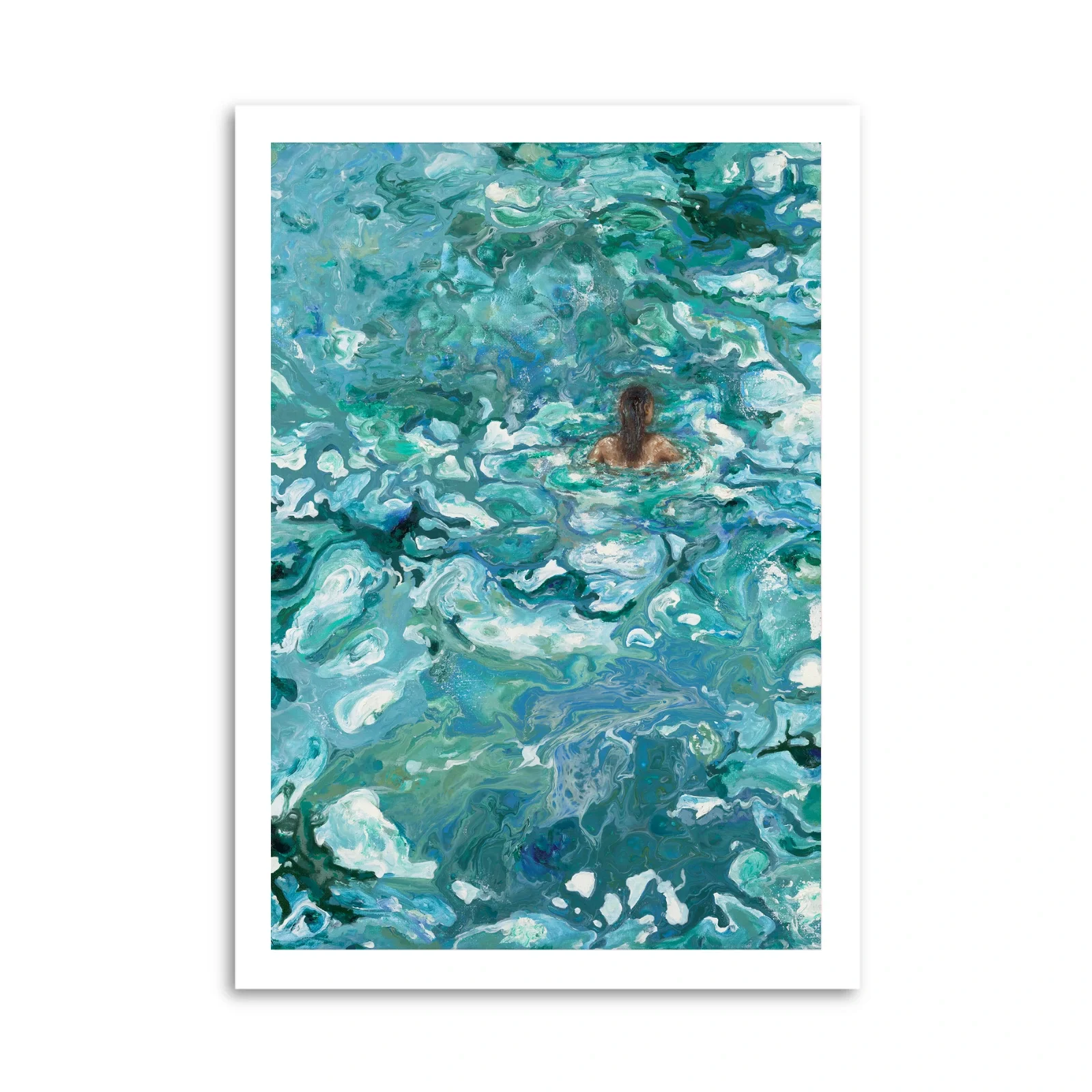 An abstract painting of a person swimming in a turquoise, swirling ocean with waves and foam.